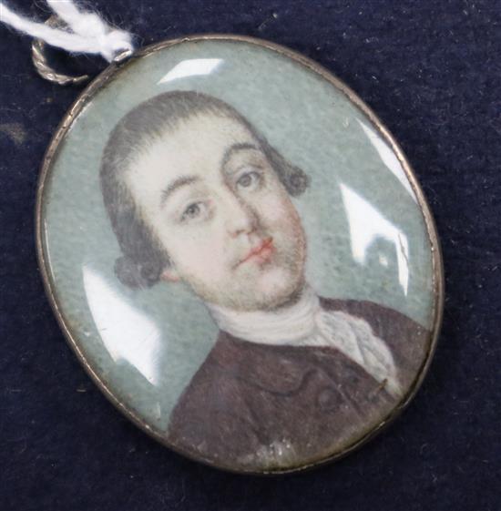 Late 18th century English School, oil on ivory, Miniature portrait of a gentleman in a brown coat 3.5 x 3cm